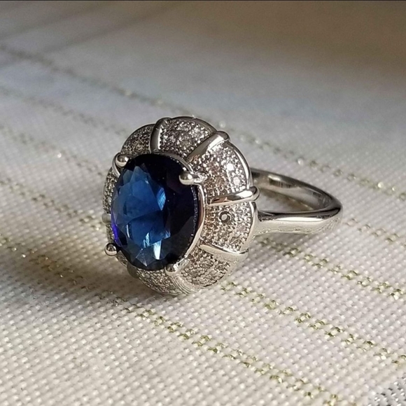New 925 Silver Oval Cut Blue Sapphire Diamond Ring for Women - Picture 2 of 8